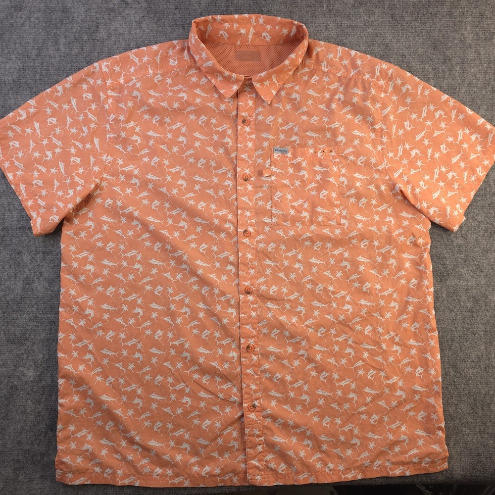 Columbia Pfg Shirt XL Orange Fish‎ Print Palm Trees Vented Fishing Short Sleeve